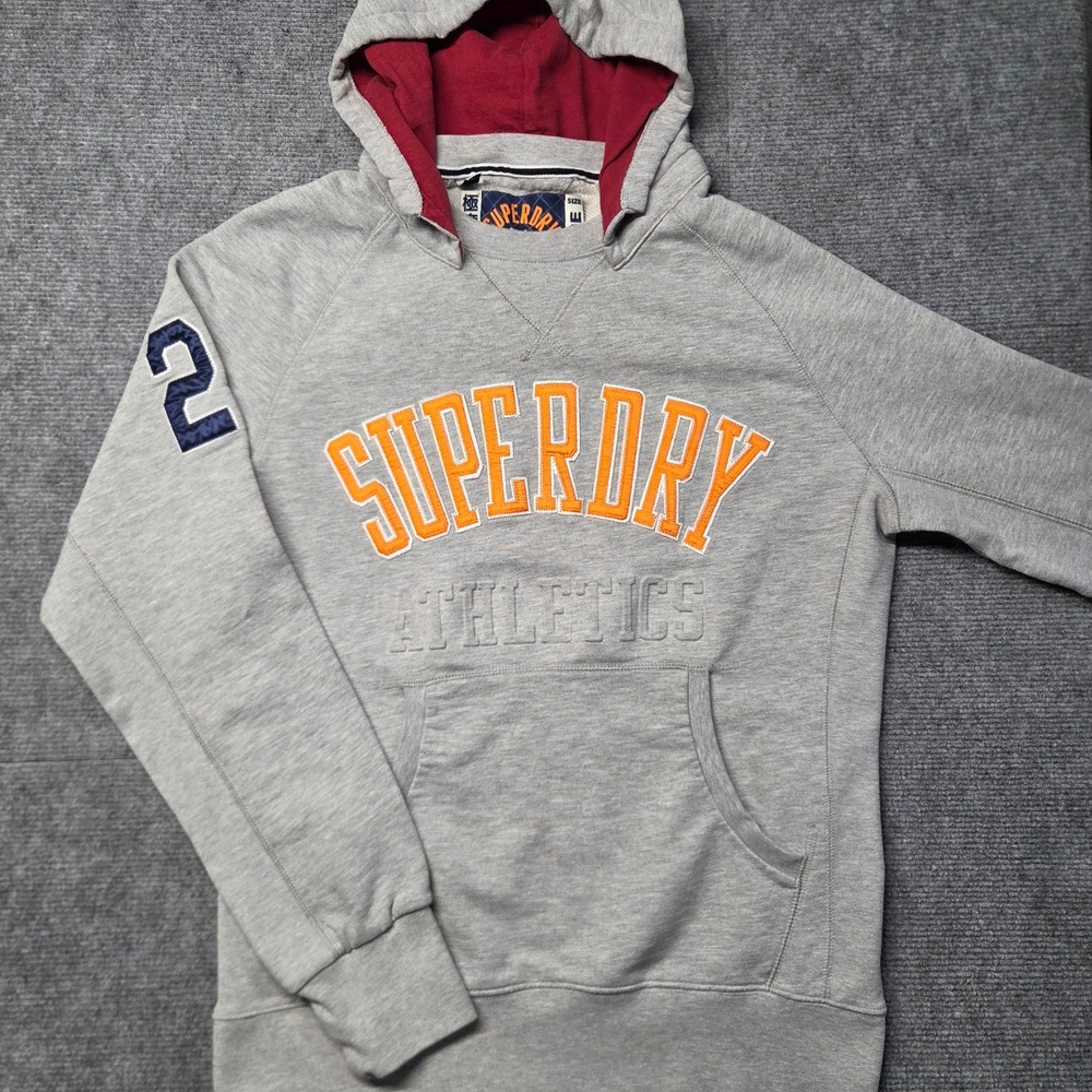 Superdry Mens Large Athletics 54 Hoodie Gray Orange Pullover 23 Spellout